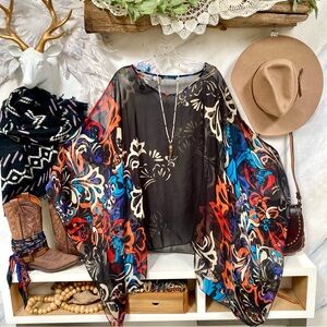 Gypsy poncho floral blouse semi sheer w southwestern country vibe